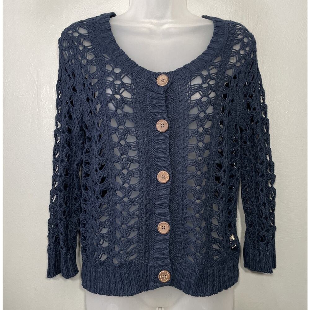 Decree Sweater Juniors Size L Navy Crochet Open Knit Button Up Cardigan Boho Y2K